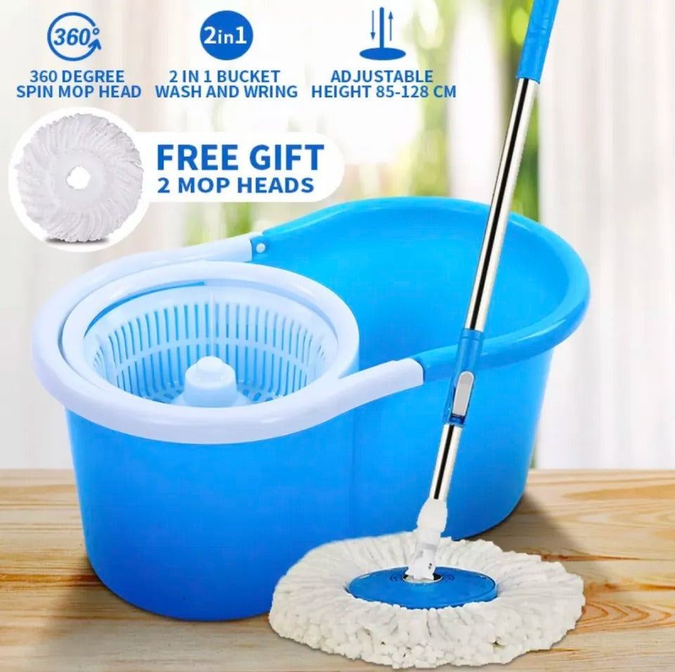 360° Rotating Spin Mop with Bucket – 2 Microfiber Refill Heads | Adjustable Easy Spin Floor Cleaning Mop Set